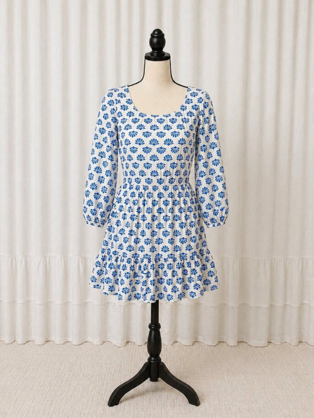 J.Crew Blue White Shell Print Mini Dress Long Sleeve Coastal Size 0